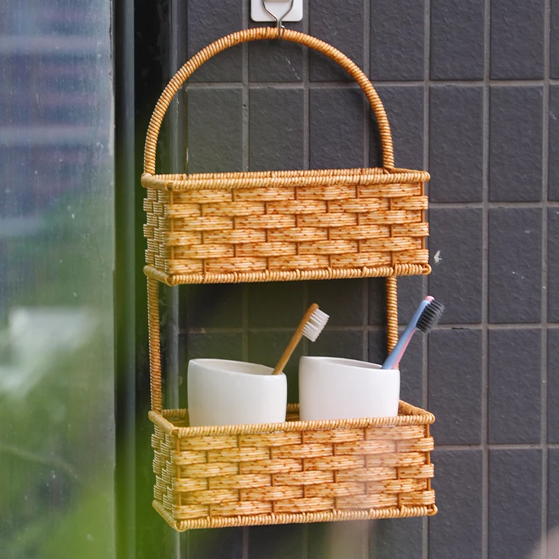 Perforated bathroom supplies rack imitation rattan kitchen ginger and garlic storage basket living room balcony wall hanging