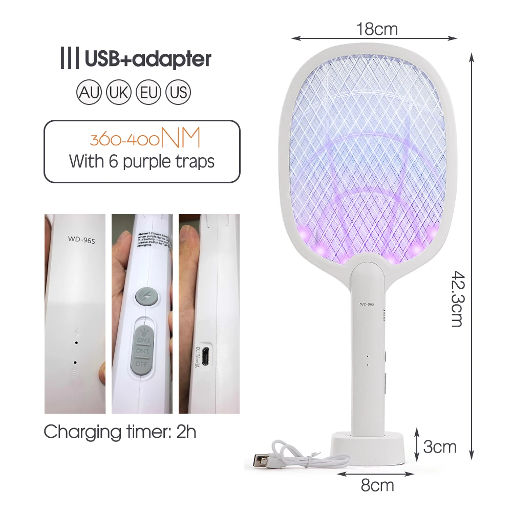 1PCS 1200mAh 3000V Smart Electric Fly Swatter Racket Mosquito Zapper Bug Zapper Insect Killer Racket Against Home Kitchen Patio