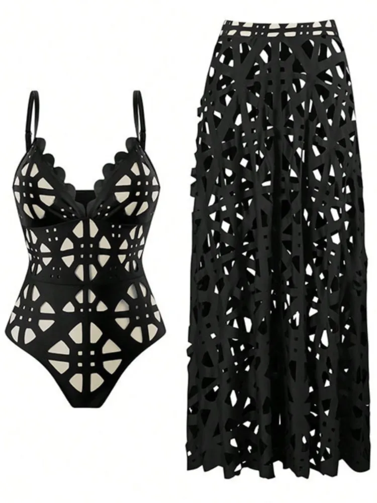 

Retro Bikini Printed Fashion Two Piece Swimsuit And Cover Up With Skirt Tight Women's Bandage Summer Beach Luxury Elegant