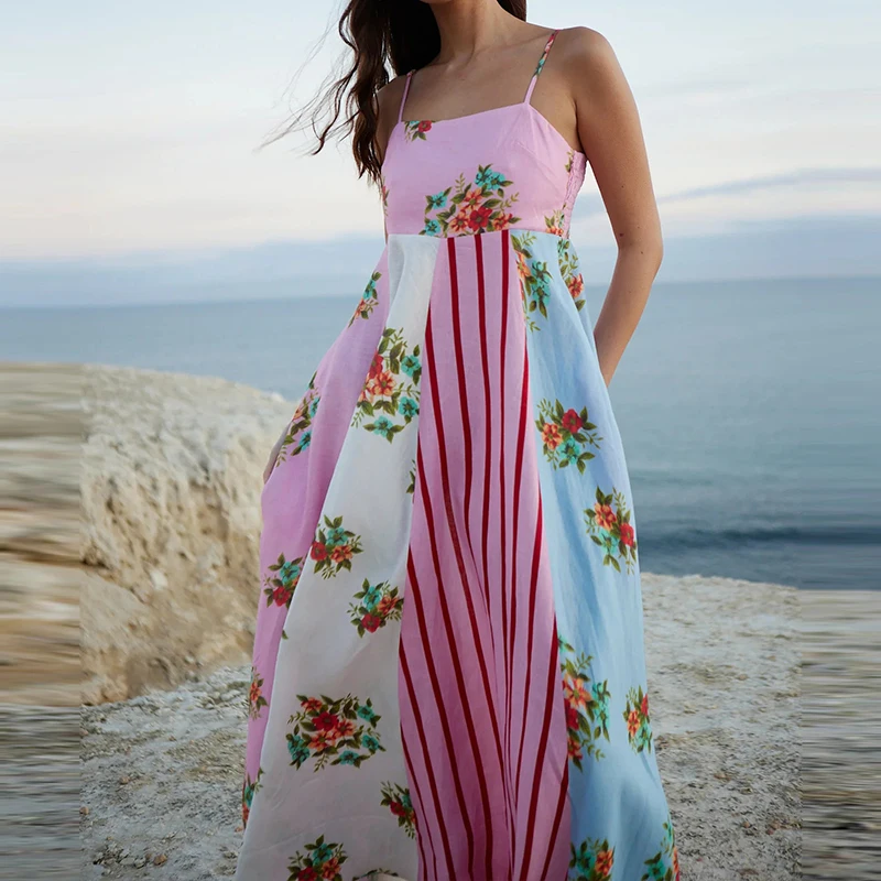 Sexy Off Shoulder Graffiti Print Sling Dress Fashion High Waisted Pleated Long Dresses Dress for Women Summer Seaside Vacation