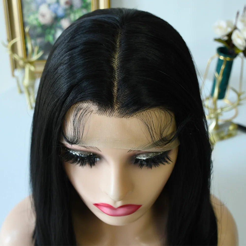 14-дюймовый короткий прямой парик Боб 13x4, прозрачный кружевной фронтальный парик, бразильские предварительно выщипанные парики спереди, синтетический бесклеевой парик