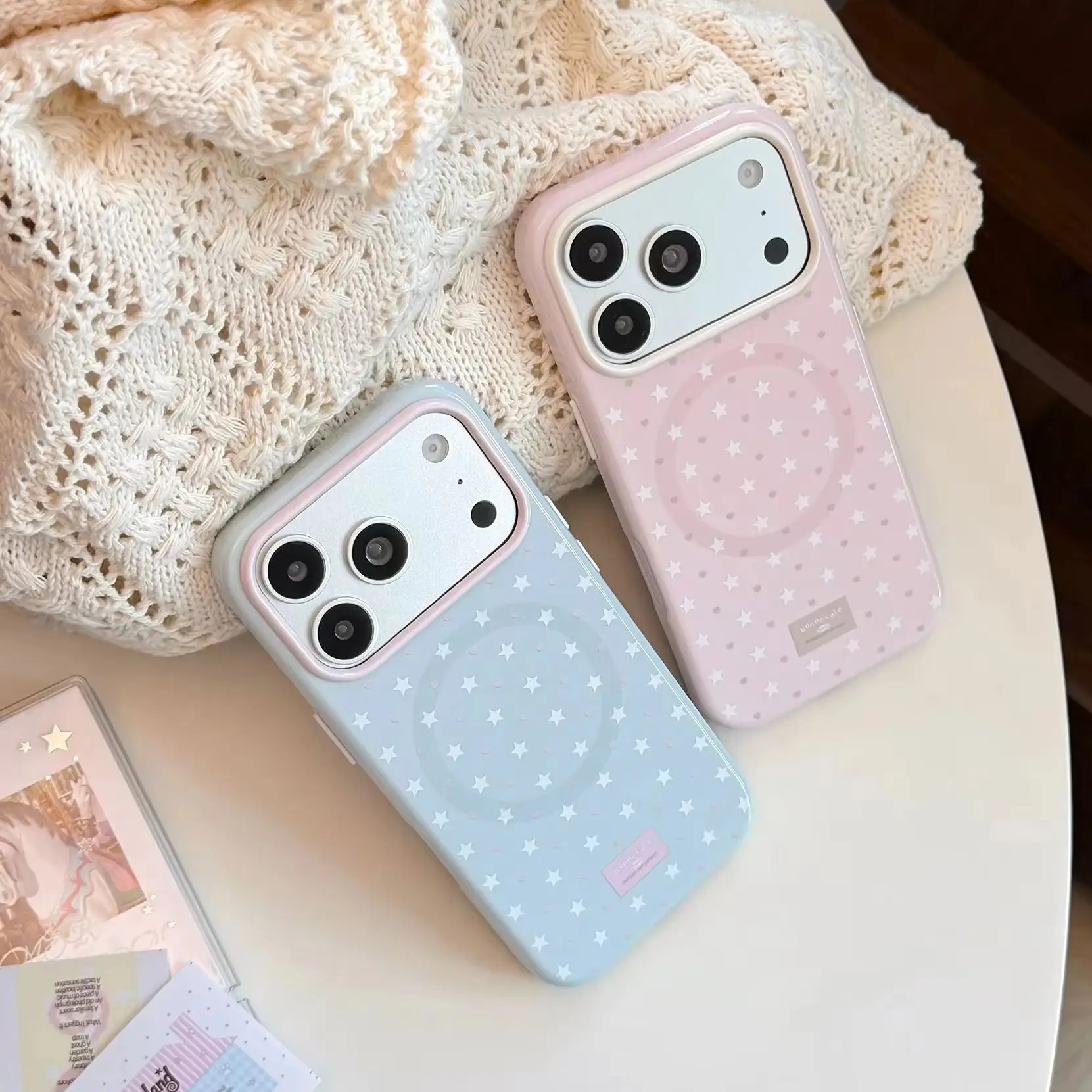 Cartoon Animals Cute Puppy Kitten Stars Love Pattern Pink Blue Glossy Cover Case For iPhone 17 16 15 14 13 Pro Max