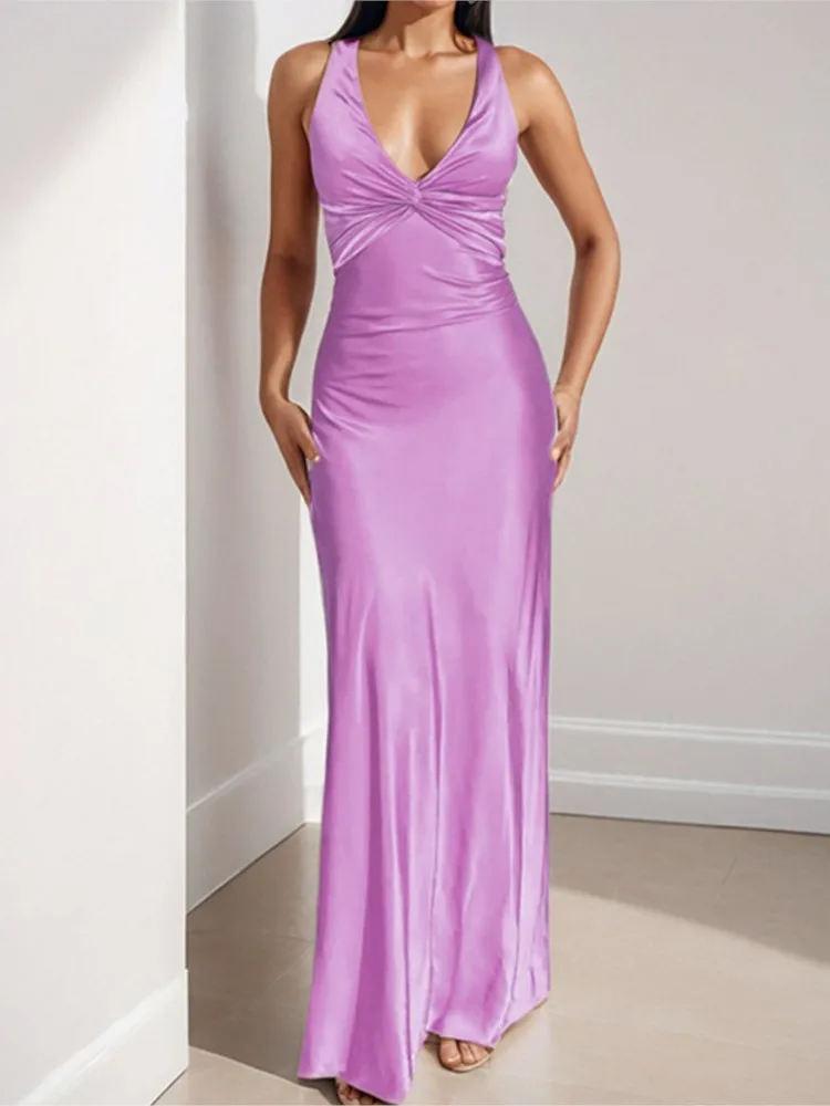 Sexy Elegant Party Long Dress Fashion Summer Solid Color V-Neck Halter Neck 2026 Backless Vestidos Sleeveless Beach Maxi Dresses view 4