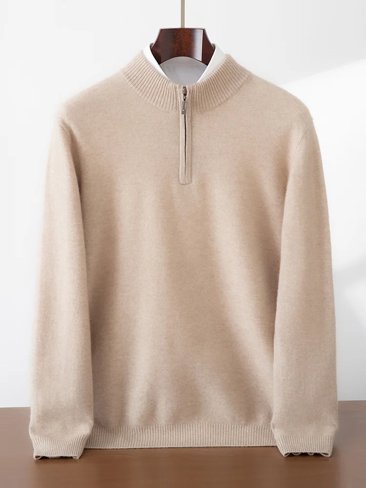 High Quality Men 100% Cashmere Sweater Mock Neck Zippers Pullover Autumn Winter Smart Casual Cashmere Knitwear Soft Warm Clothes