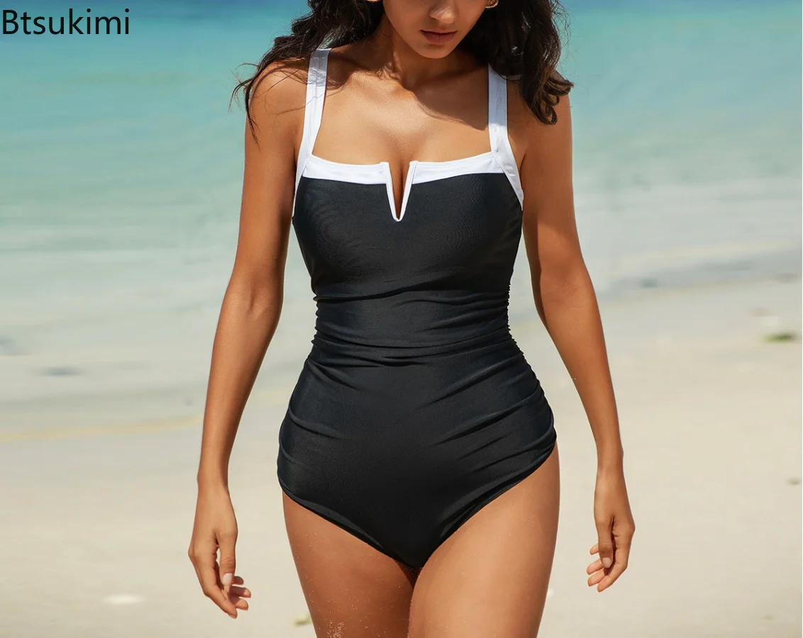 2025 traje de baño de una pieza a la moda para mujer, traje de baño sólido con enlace en V, bañadores para mujer, traje de baño para nadar, traje de baño de verano Monikini