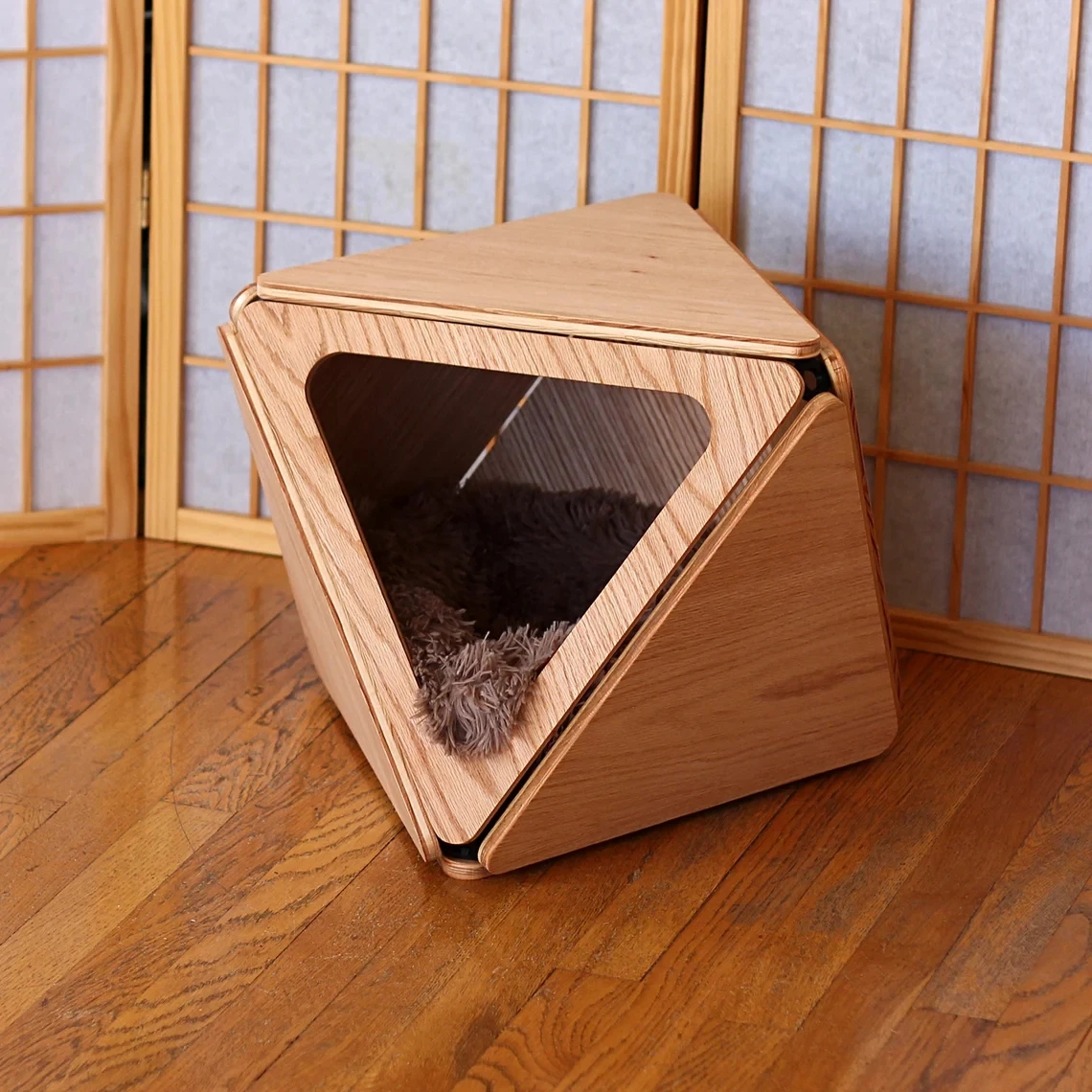 JUNJI Modern Oak Cat Bed Geometric Cat Cave Multipurpose Home Decor Furniture Designer Pets Gift Cat Cage