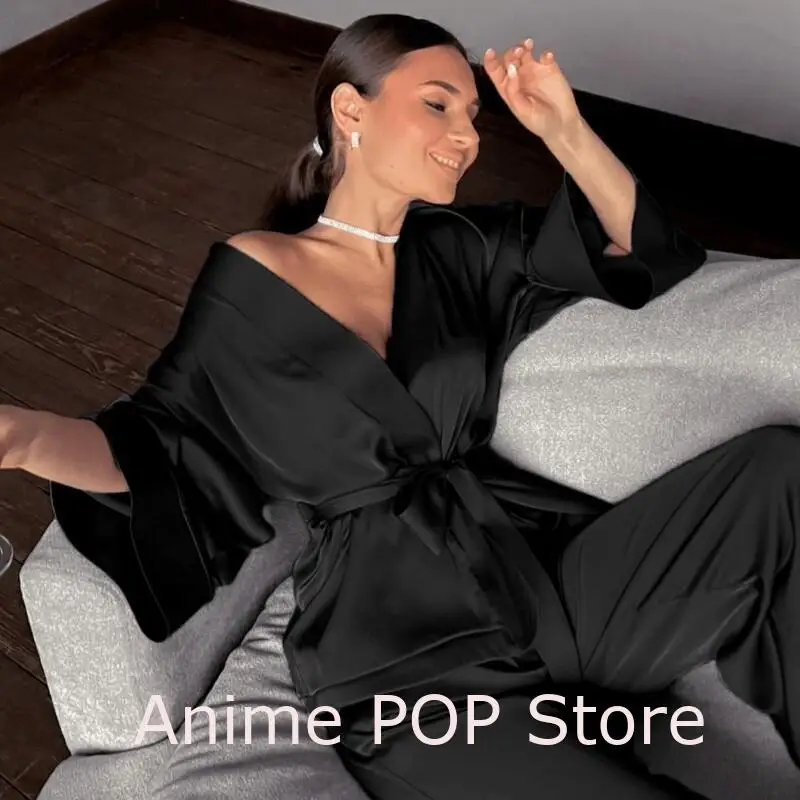 

Women's Pajama Set Fashion Homewear Long Sleeve Loungewear Cooling Silk Autumn Homewear Pj Set Sweet Soft Comfortable Breathable