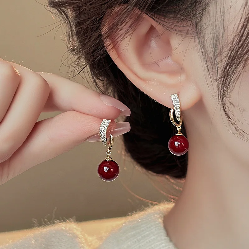 New Real Gold Electroplated Angola Red Micro-inlaid Pearl Temperament Fashionable Light Women's Earrings Jewelry Gift