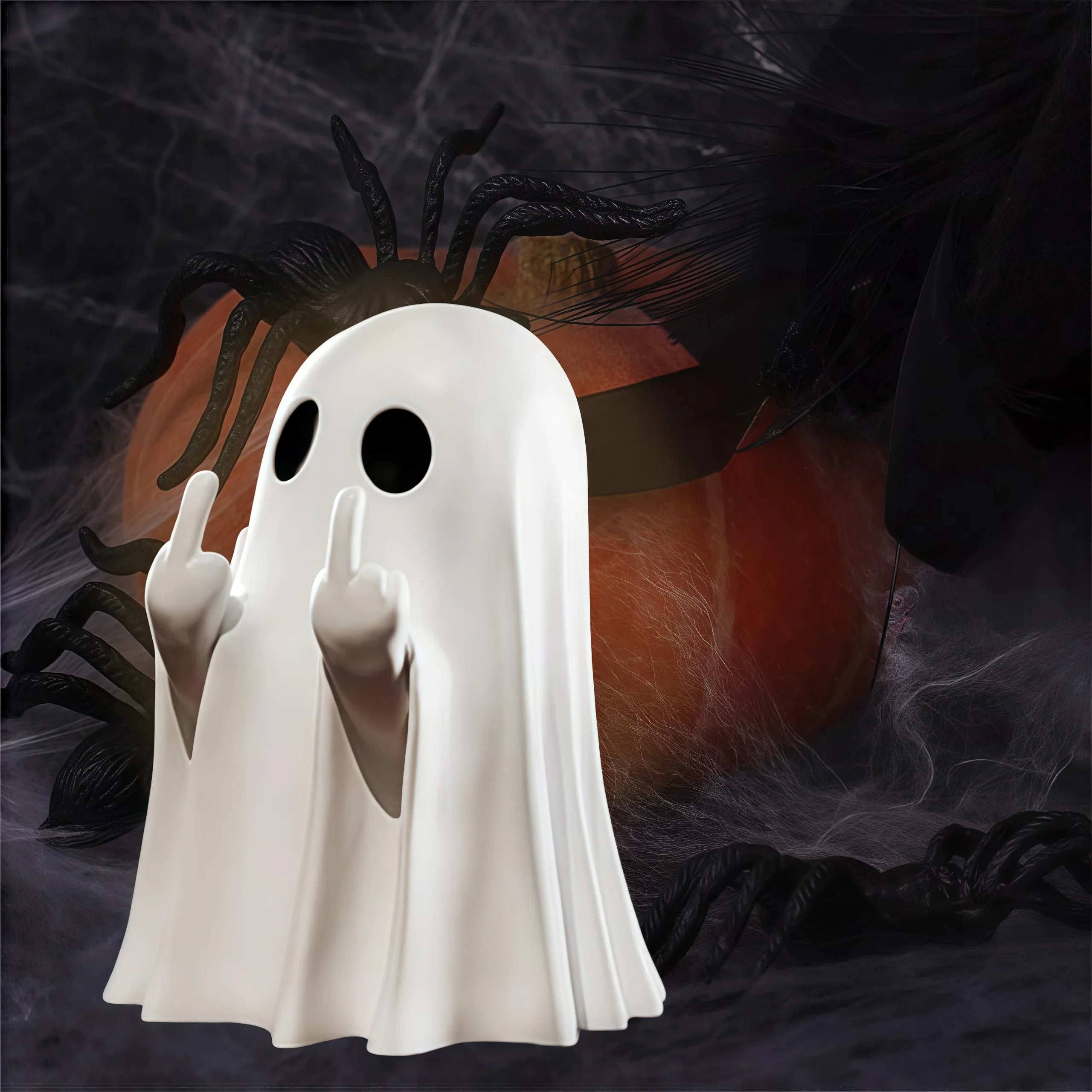 Small Halloween Decor for Home Cute Middle Finger Ghost Statue Centerpiece for Coffee Table, Adorable Horror Figur
