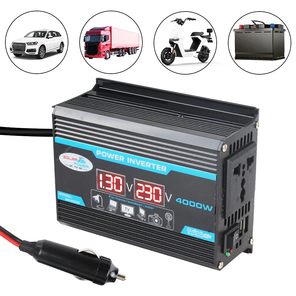 12V 220V Converter Multiple Protection 4000W Car Inverter Dual USB Voltage Transformer Solar Charger Adapter Car Power Inverter