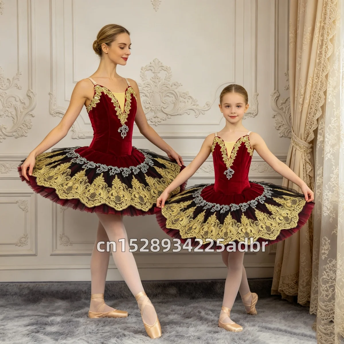 New Custom Size Ballet Tutu Performance Dress Red Gold Rhinestone Vintage Vine Embroidery Red Black Contrast Multi-layer Glitter