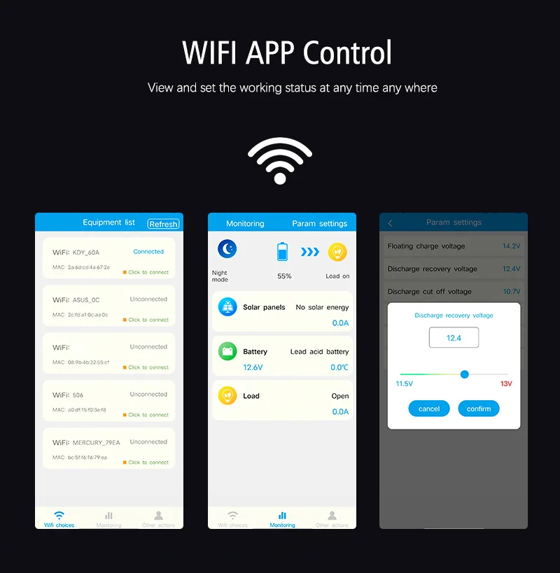 Imagem -05 - Controlador de Carga Solar com Wi-fi Controle de Aplicativo Baterias de Lítio e Chumbo-ácido 12v 24v 48v 10a 20a 30a 40a 50a 60a Novo