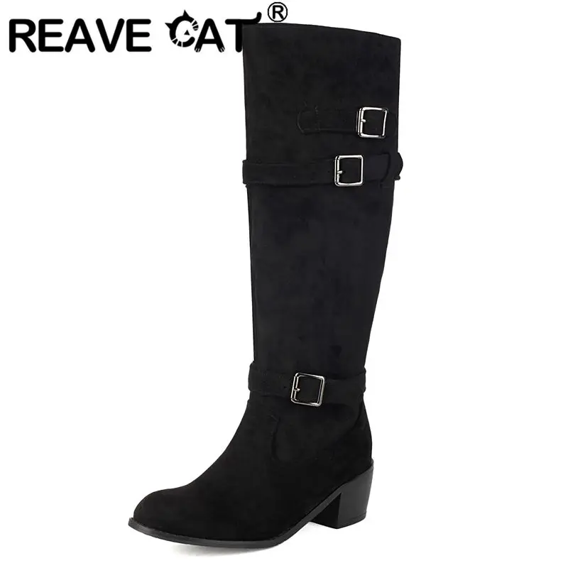 

REAVE CAT 2025 Ретро женские сапоги до колена с круглым носком на массивном каблуке 6 см без шнуровки с пряжками на ремне Большие размеры 43 44 45 Повседневная повседневная обувь