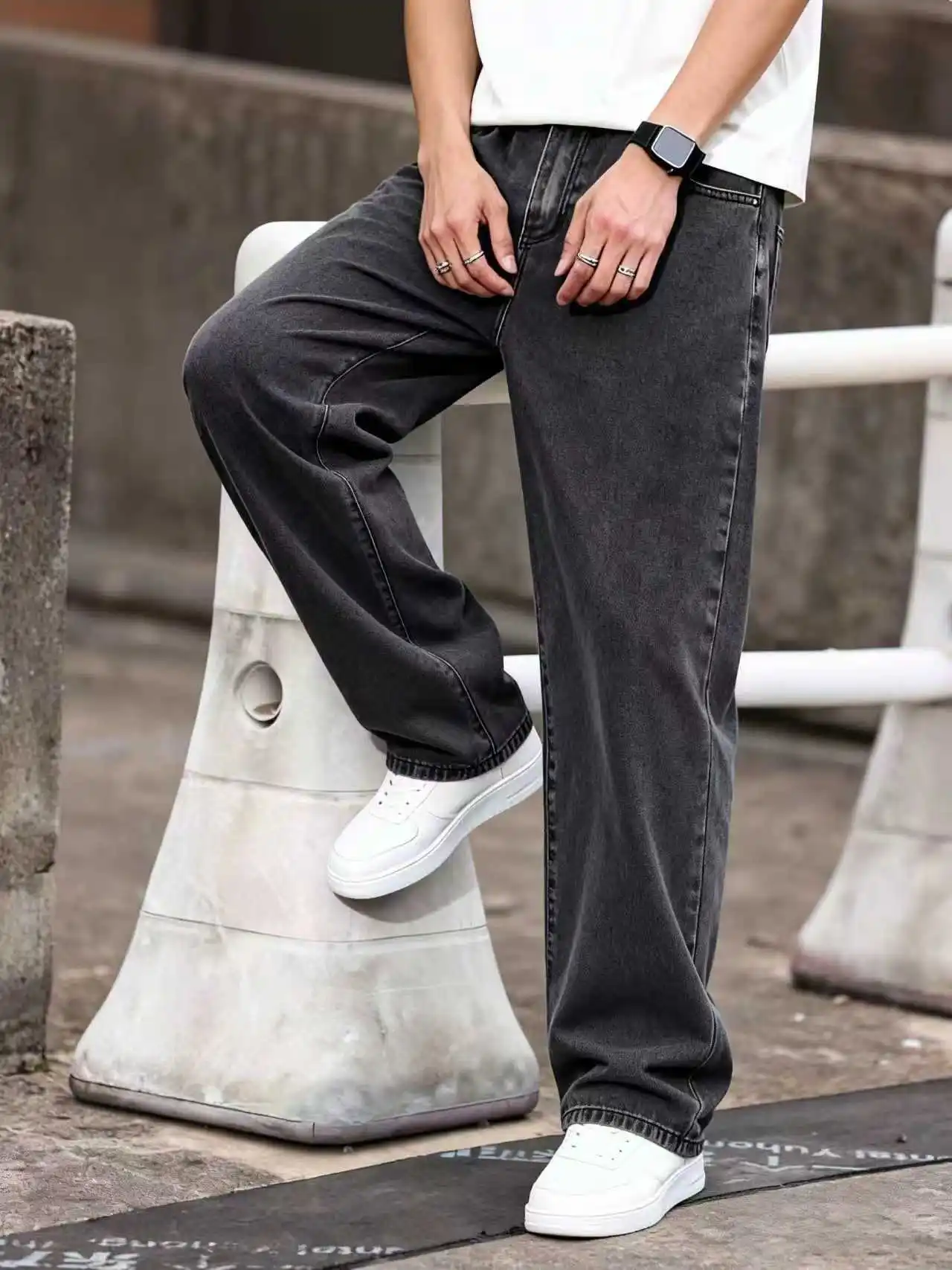 جينز رجالي واسع الساق مريح وفضفاض مناسب لجميع المواسم يمكن ارتداؤه على طراز الشارع الحضري للنزهات اليومية والتجمعات غير الرسمية #5