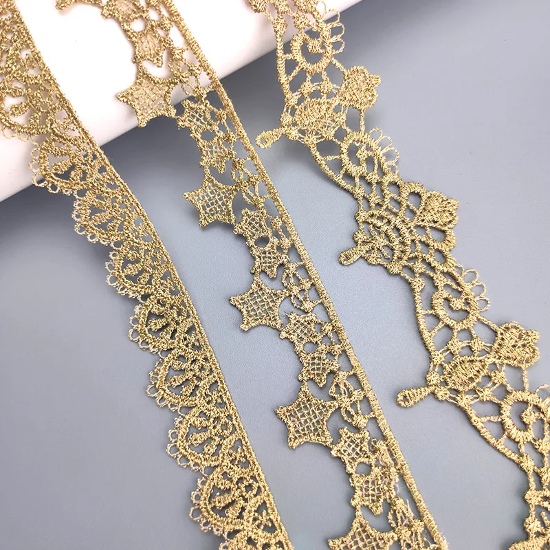 Hollow Style Fabric for Wedding, Fluorescent Lace, Gold Thread, Embroidery, Accessories Trim, DIY, 2Yards