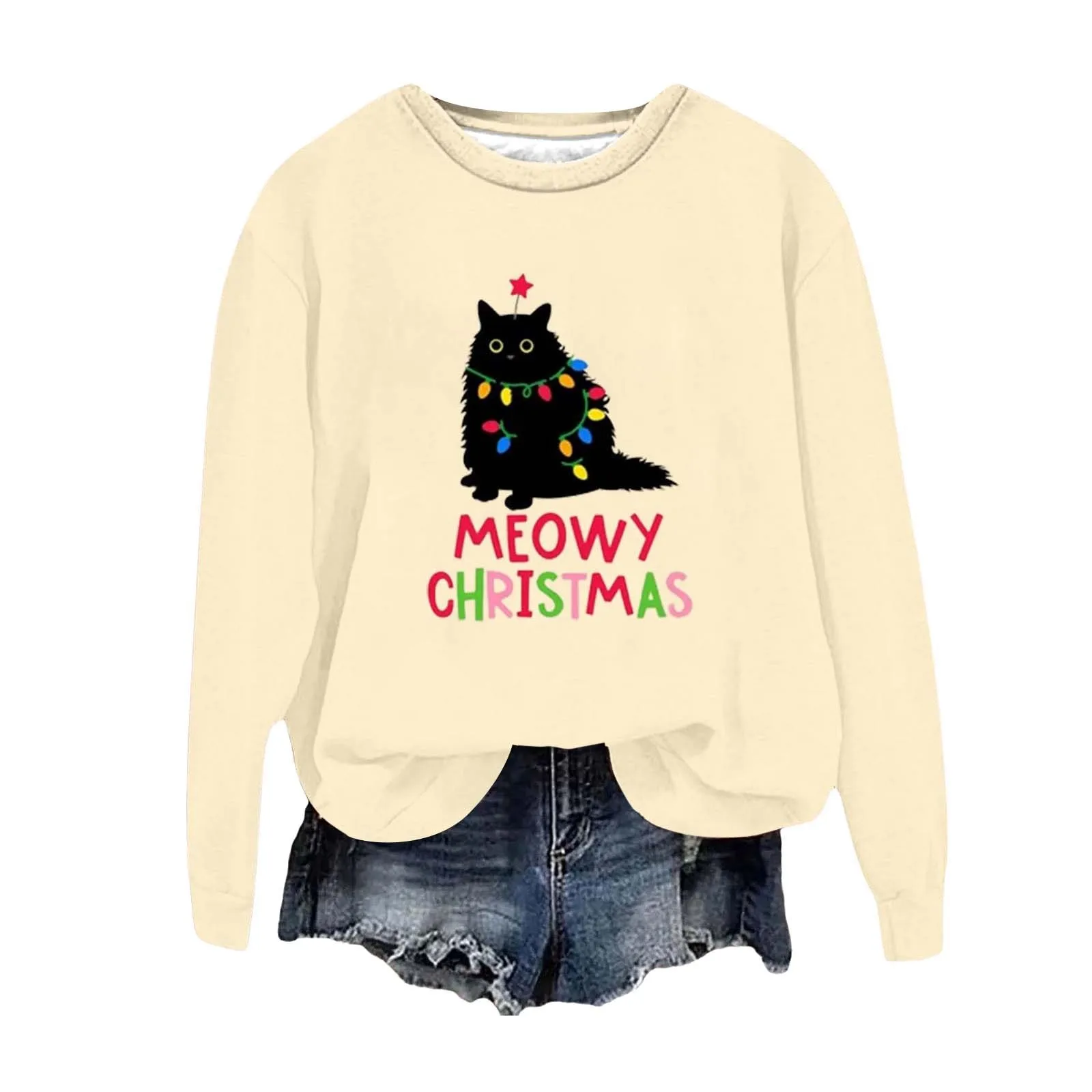 Fat Cat Print Christmas Women\'S Sweatshirts Meowy Cute Pattern Hoodie Winter Warm Comfortable Cotton Ladies Causal Xmas Clothing