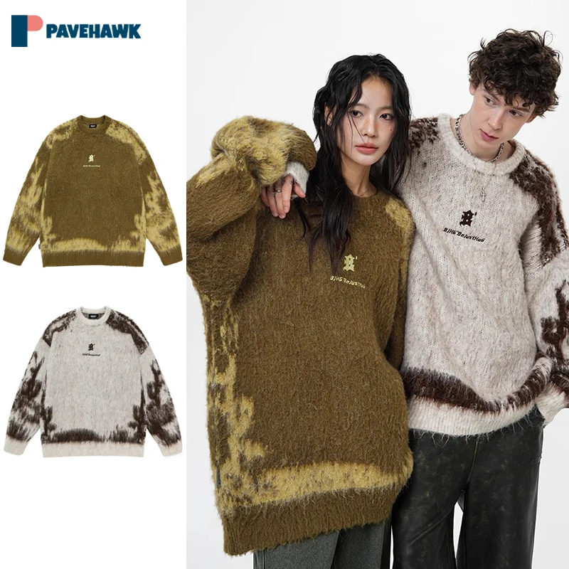 

Vintage Lazy Autumn Knitted Sweaters Man Tie-dyed Patchwork Knitwear Pullover Woman Round Neck Hop Hip Harajuku Jumpers Couple