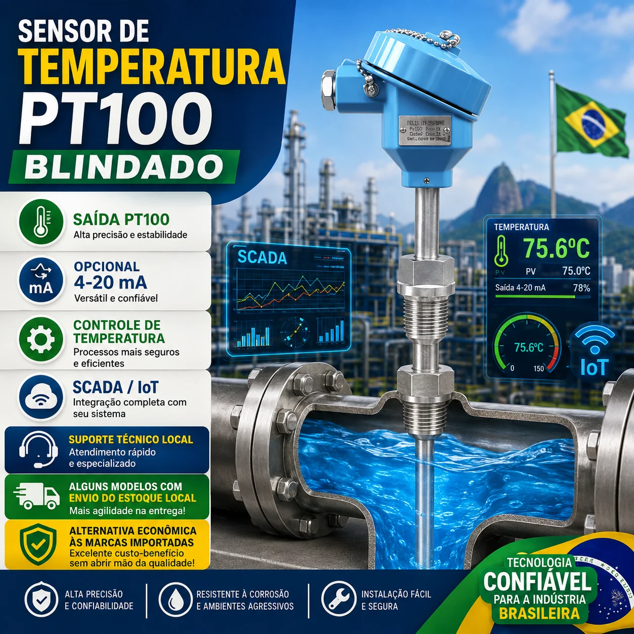 PT100 Temperature Sensor and Temperature Transmitter 4-20mA ATEX Stainless Steel Probe for Tank and Pipe for Oil Gas Chemical