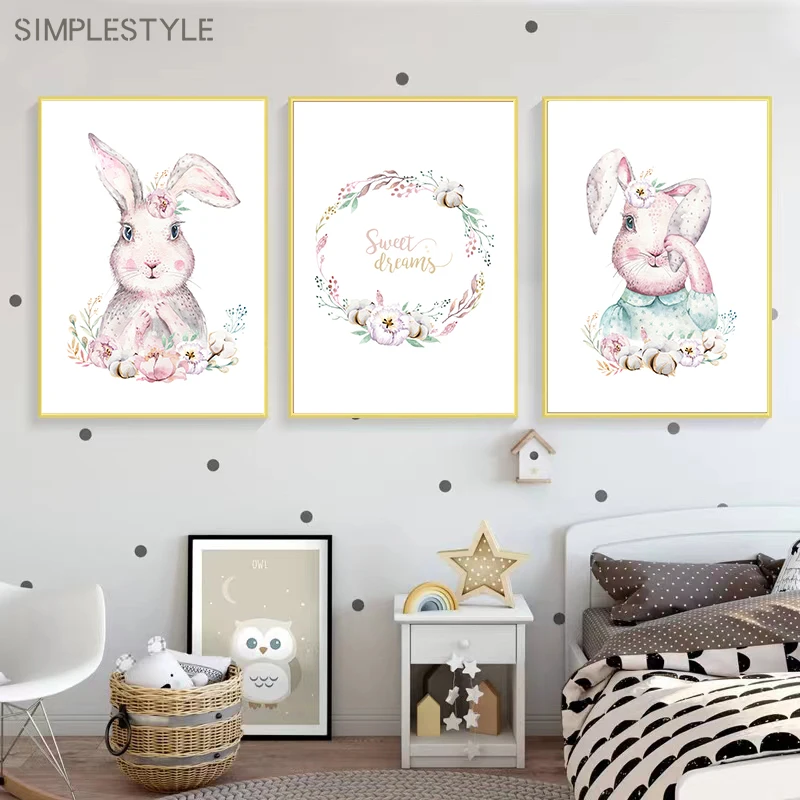 

Watercolor Flower Rabbit Poster Print Cartoon Art Personalized Name Custom Wall Canvas Painting Baby Kid's Room Decor Pictures