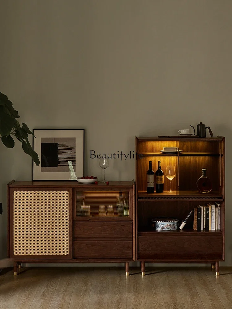 

yj5Nordic Solid Wood Wine Cabinet Black Walnut Glass Door Light Luxury Restaurant Storage Cabinet