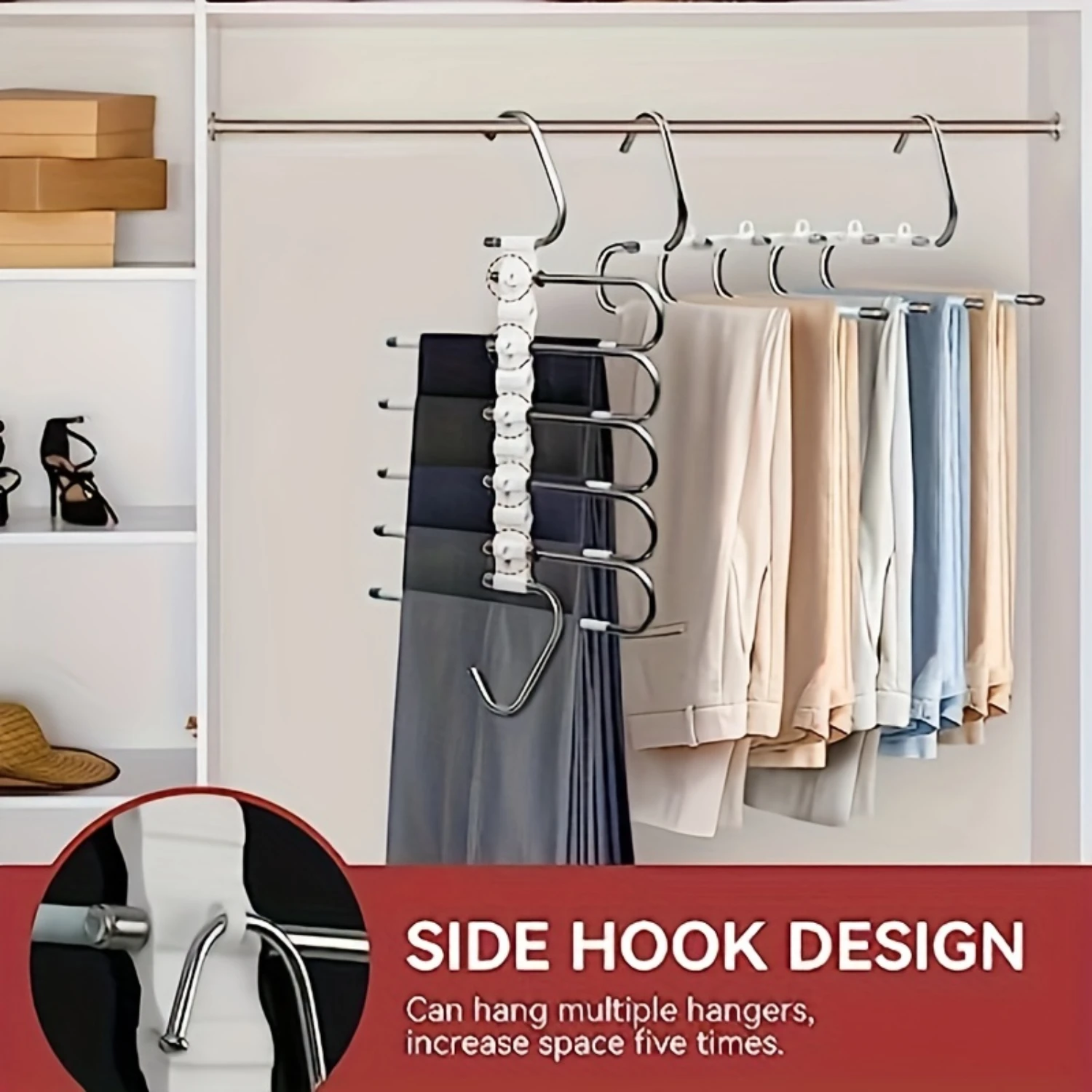 1pc Upgrade 9 Layers Pants Hangers, Space Saving Non Slip Stainless Steel Multifunctional Rack, S-Type Closet Organizer With  Fo