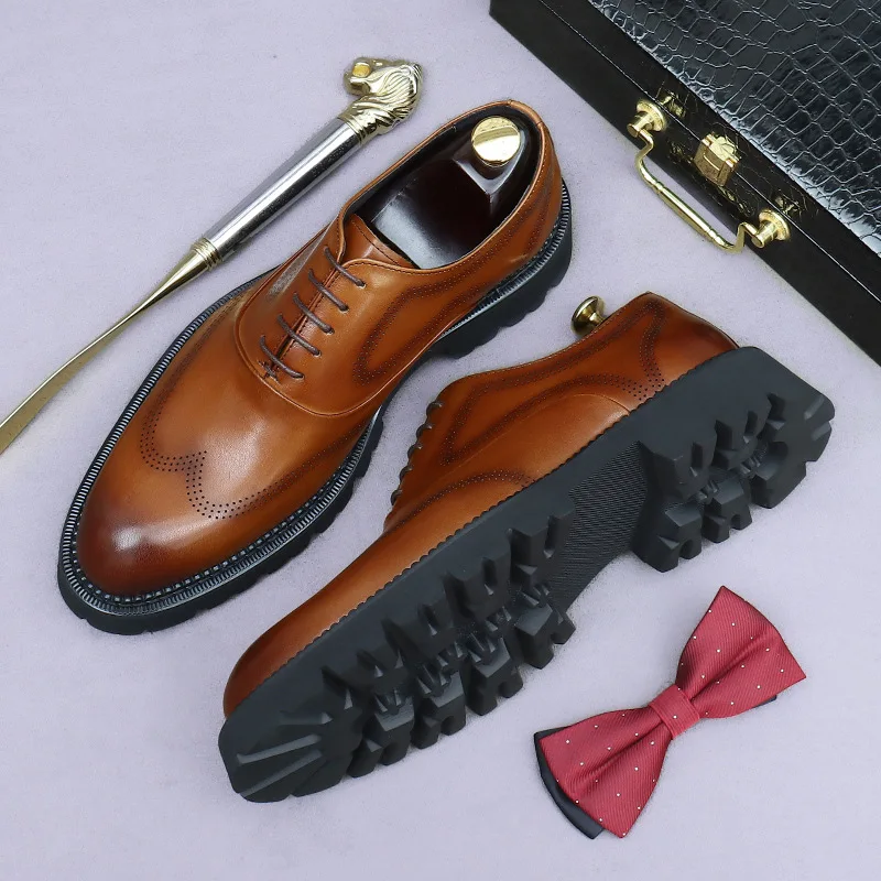 New Fashion Black/Brown Genuine Leather Lace-Up Height-increasing Pointed Toe Flat Man Casual Classic Business Gentleman Shoes