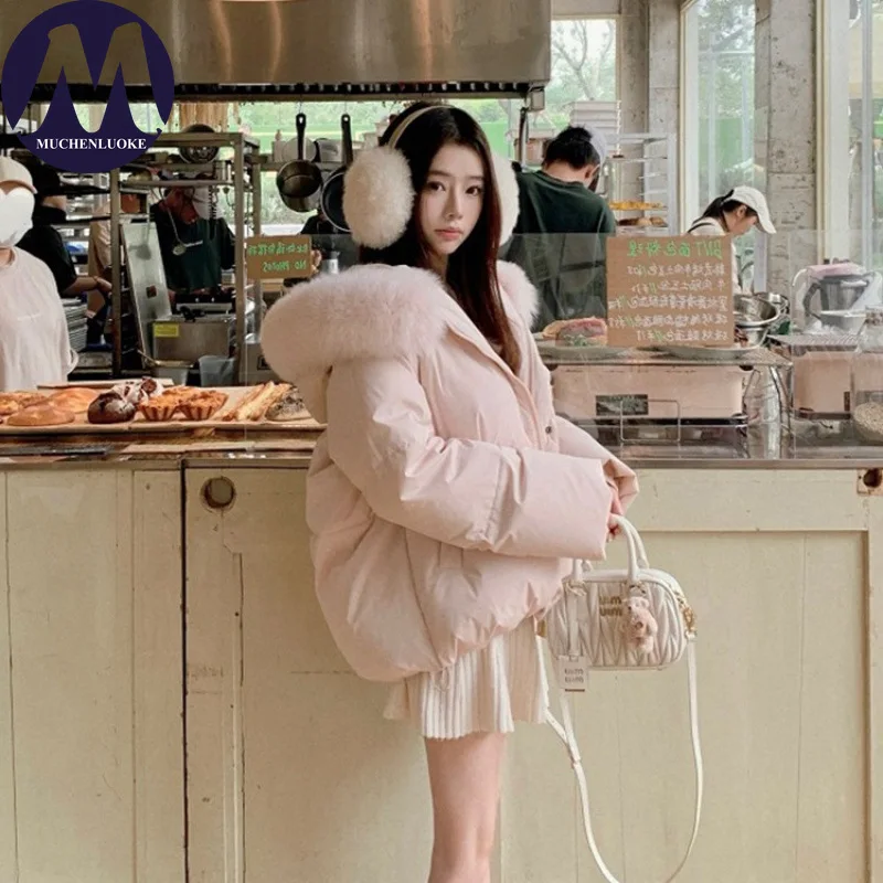 여성용 후드 겨울 다운 재킷 우아한 모피 칼라 두꺼운 캐주얼 루즈 숏 한국 패션 파카 따뜻한 코트