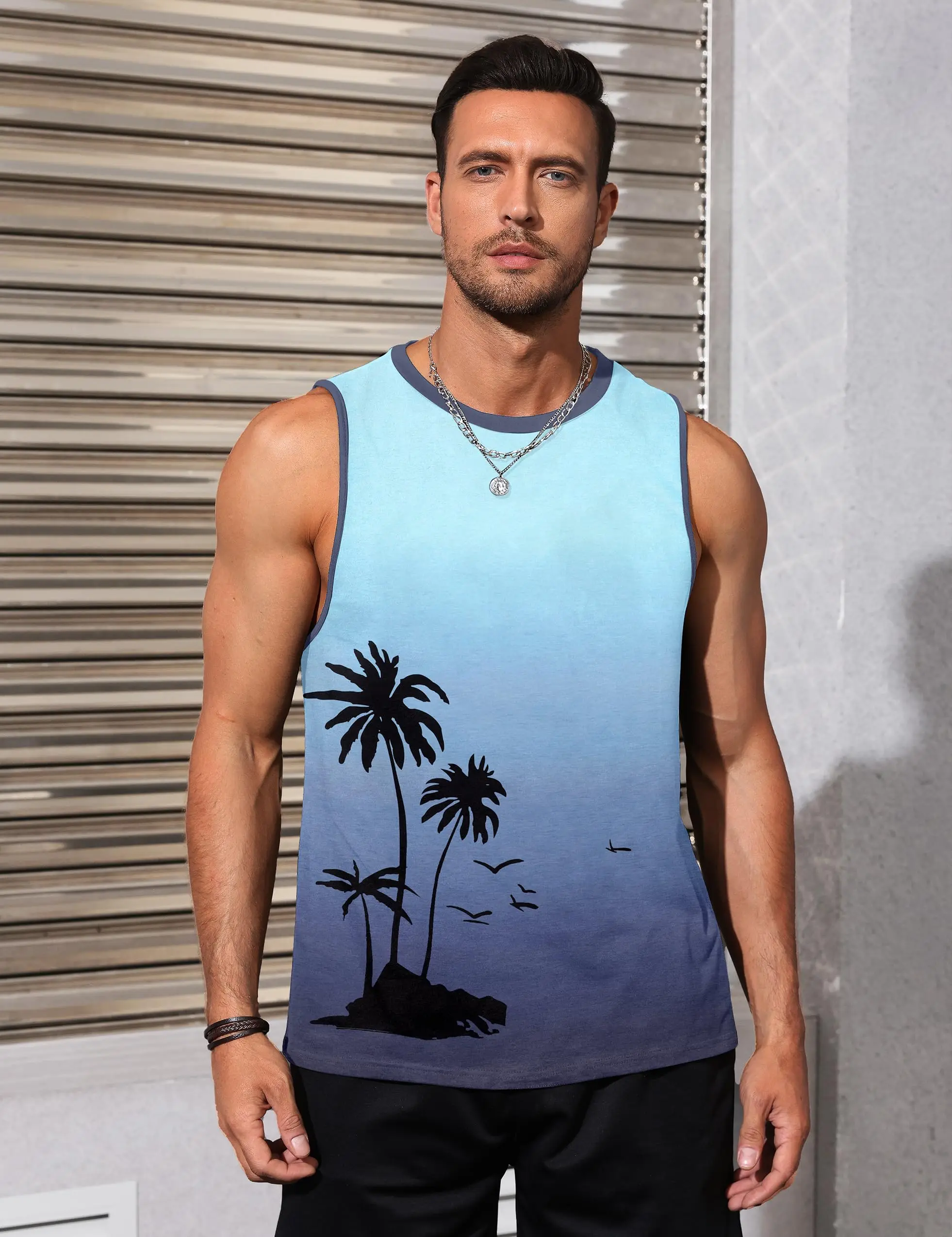 Men's casual sports vest Gradient two-tone coconut tree print men's loose summer fashion vintage oversized crew collar T-shirt