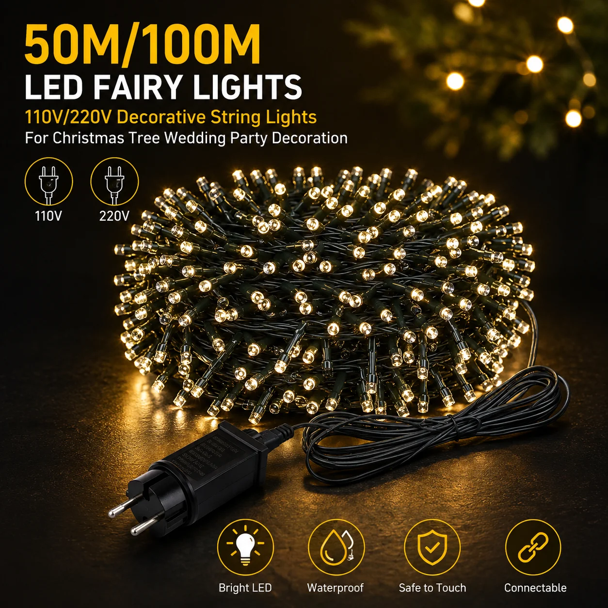 110V 220V 장식용 스트링 50M 100M LED 요정 조명 크리스마스 트리 웨딩 파티 장식용 야외 램프 가랜드