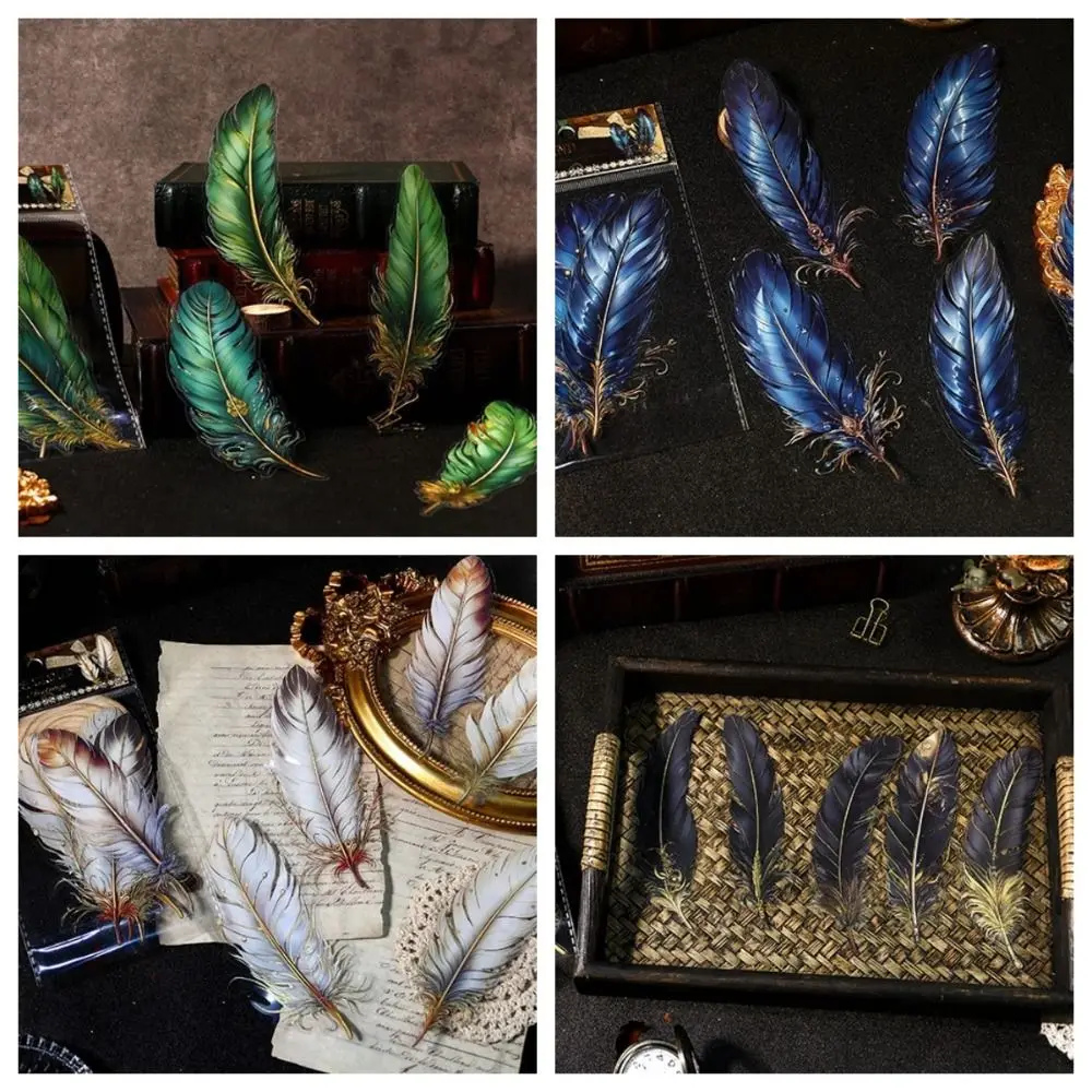 PET Feather Stamping Sticker Retro Waterproof Handbook Sticker Hand Decoration Self-contained Adhesive DIY Decoration Sticker