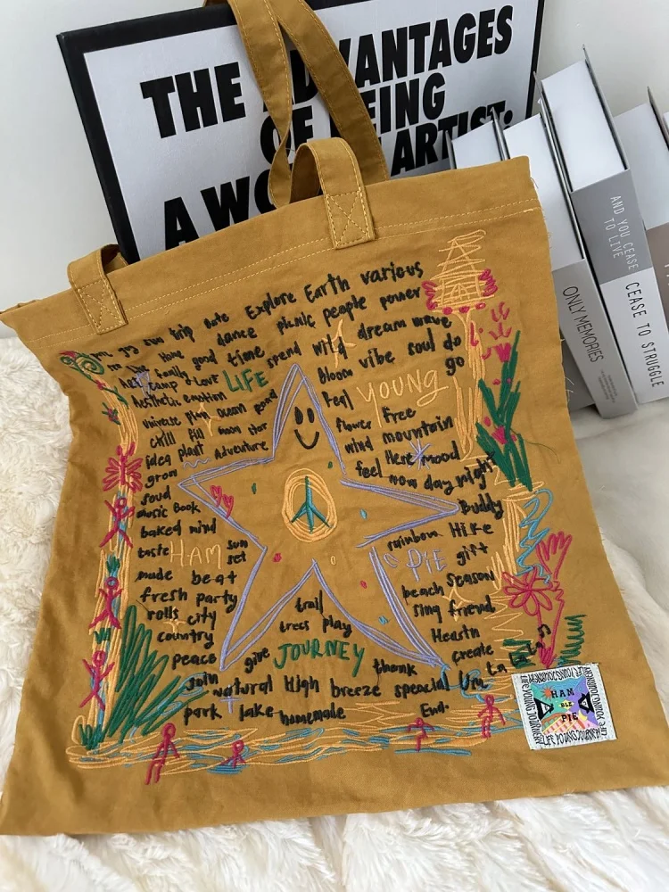 Embroidery Stars Letter Tote Bags 2024 Summer Yellow Canvas Shoulder Bag Designer Handbag Sweet Girls Big Shopping Pack