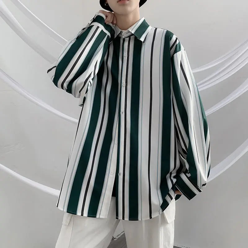 2023 New Spring and Autumn Lazy Temperament Stripe Fashion Hong Kong Style Handsome Loose Relaxed Men's Versatile Shirt