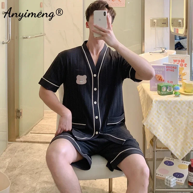 Summer Cotton Pajamas for Men Short Sleeved Kimono Pyjamas Kawaii Bear Print Nightwear Cardigan Sleepwear Causal Homewear