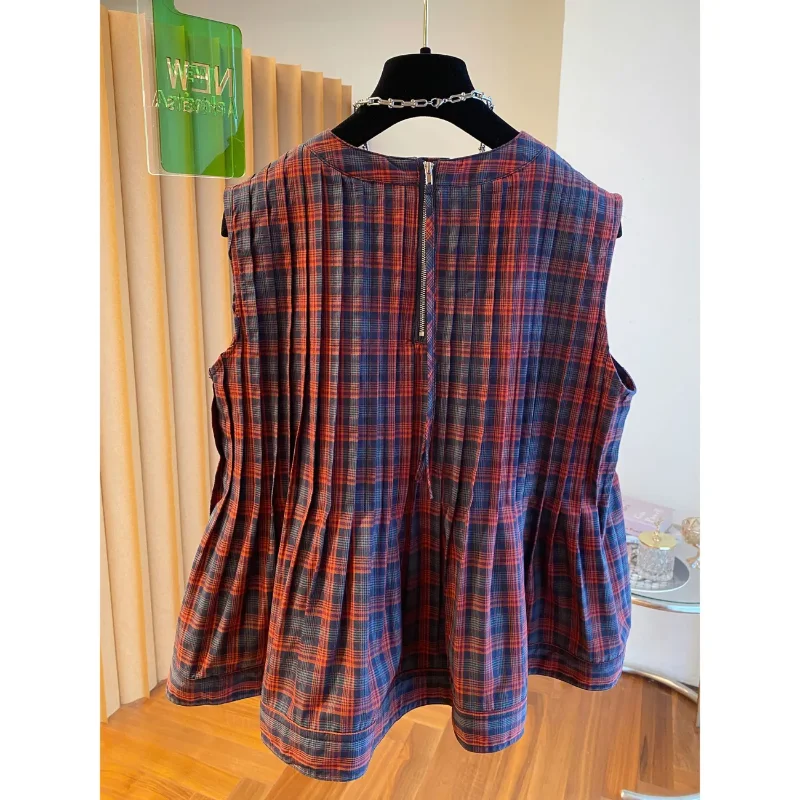 

Women's Plaid Sleeveless Blouse Pleated Ruffle Hem Loose Fit Casual Top With Back Zipper
