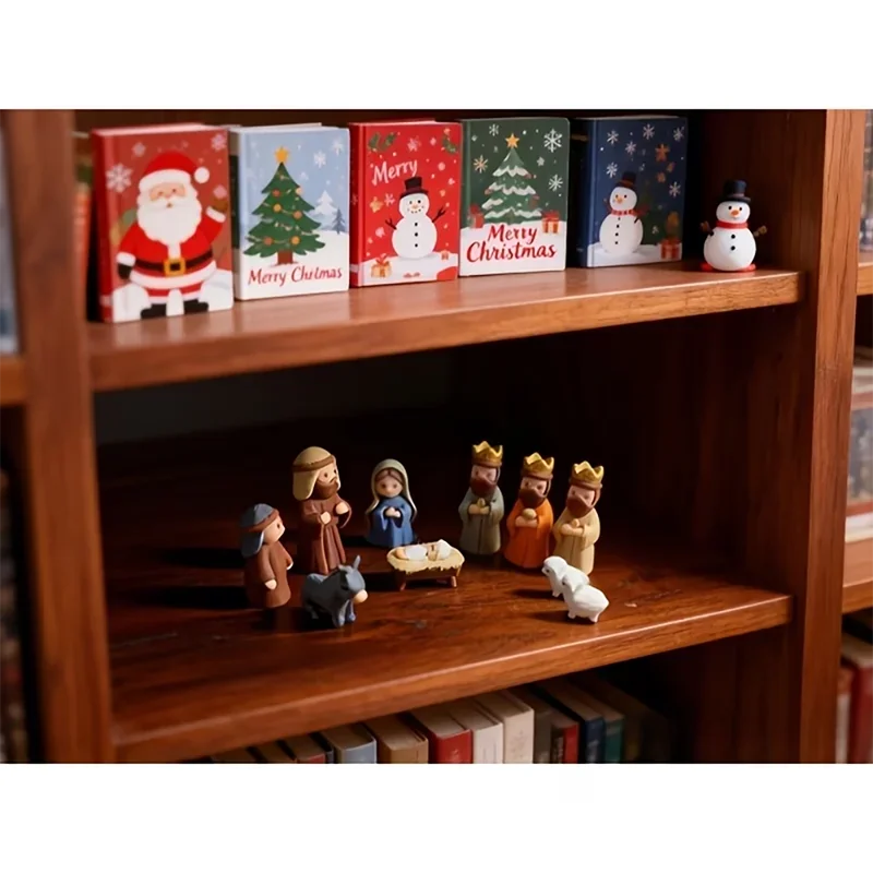 Mini Xmas Manger Set Iron Box Pocket‑Size Nativity Scene with Mary Jesus Shepherd Xmas Easter Gift Decor Cute Animal Figurines