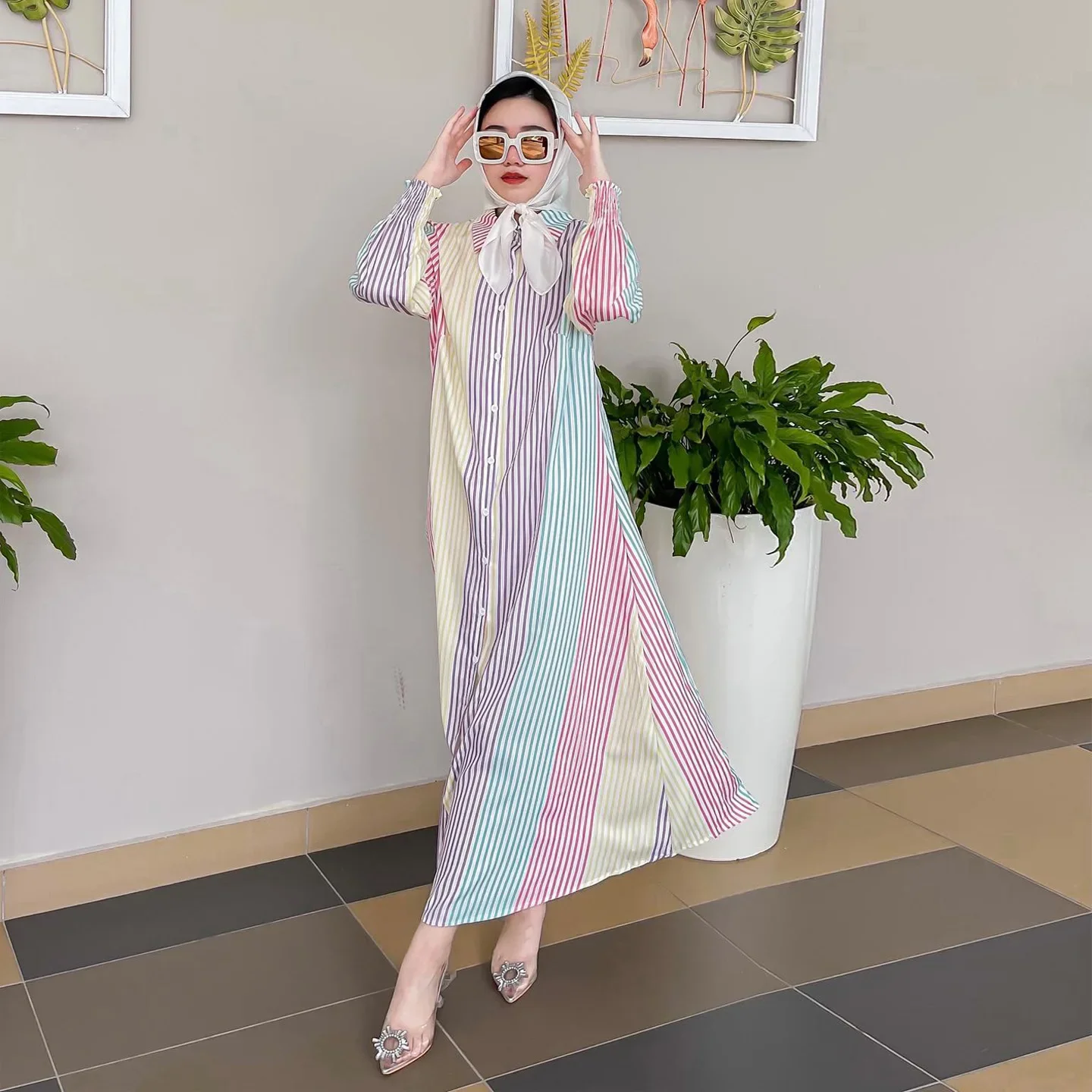 Abaya – Robe Hijab décontractée pour femmes musulmanes, Vintage, mode, col à revers, manches longues, chemise à rayures, Robe d'été