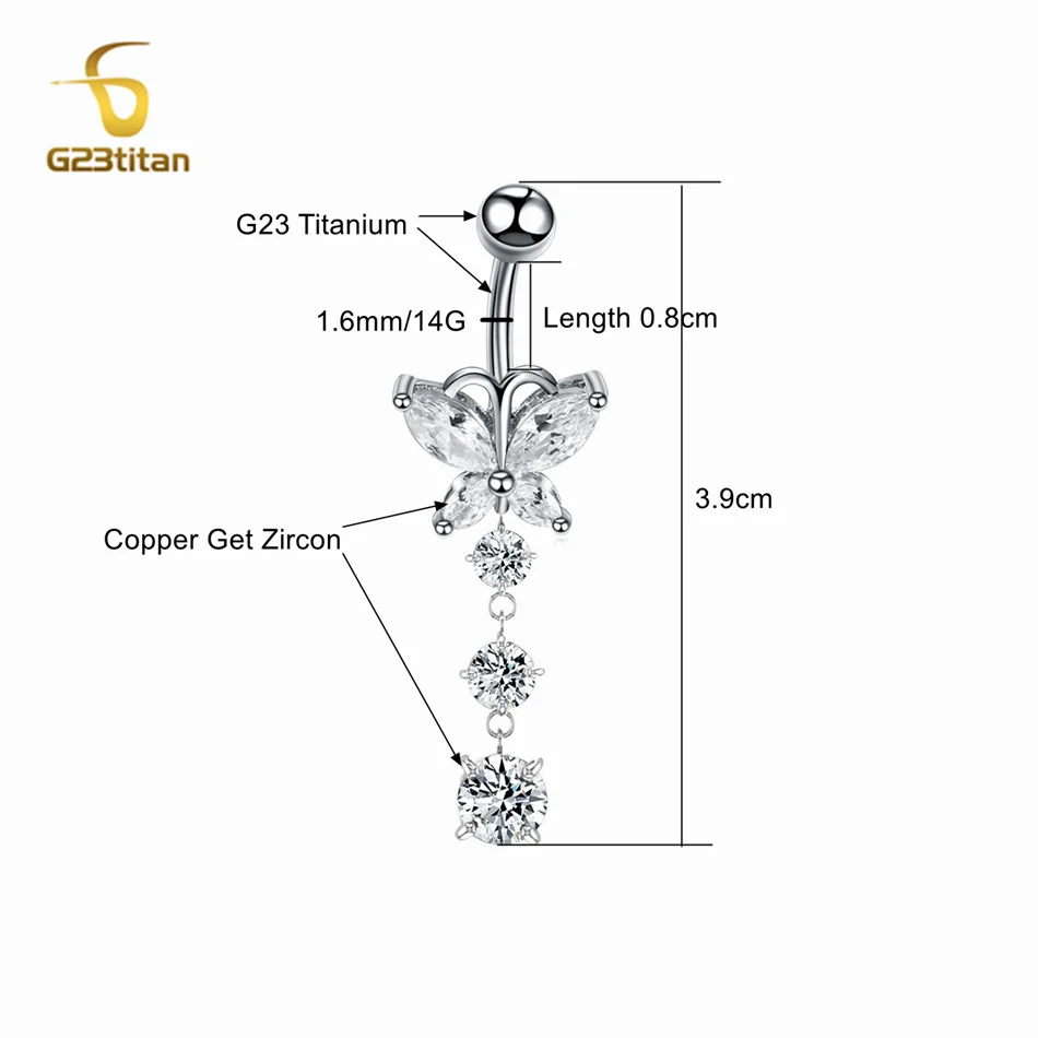 G23 Titanium Umbigo Piercing Anel para Mulheres, Piercing Umbigo, Borboleta de Cristal, Acessórios Jóia do Corpo, Cor Prata, 14G