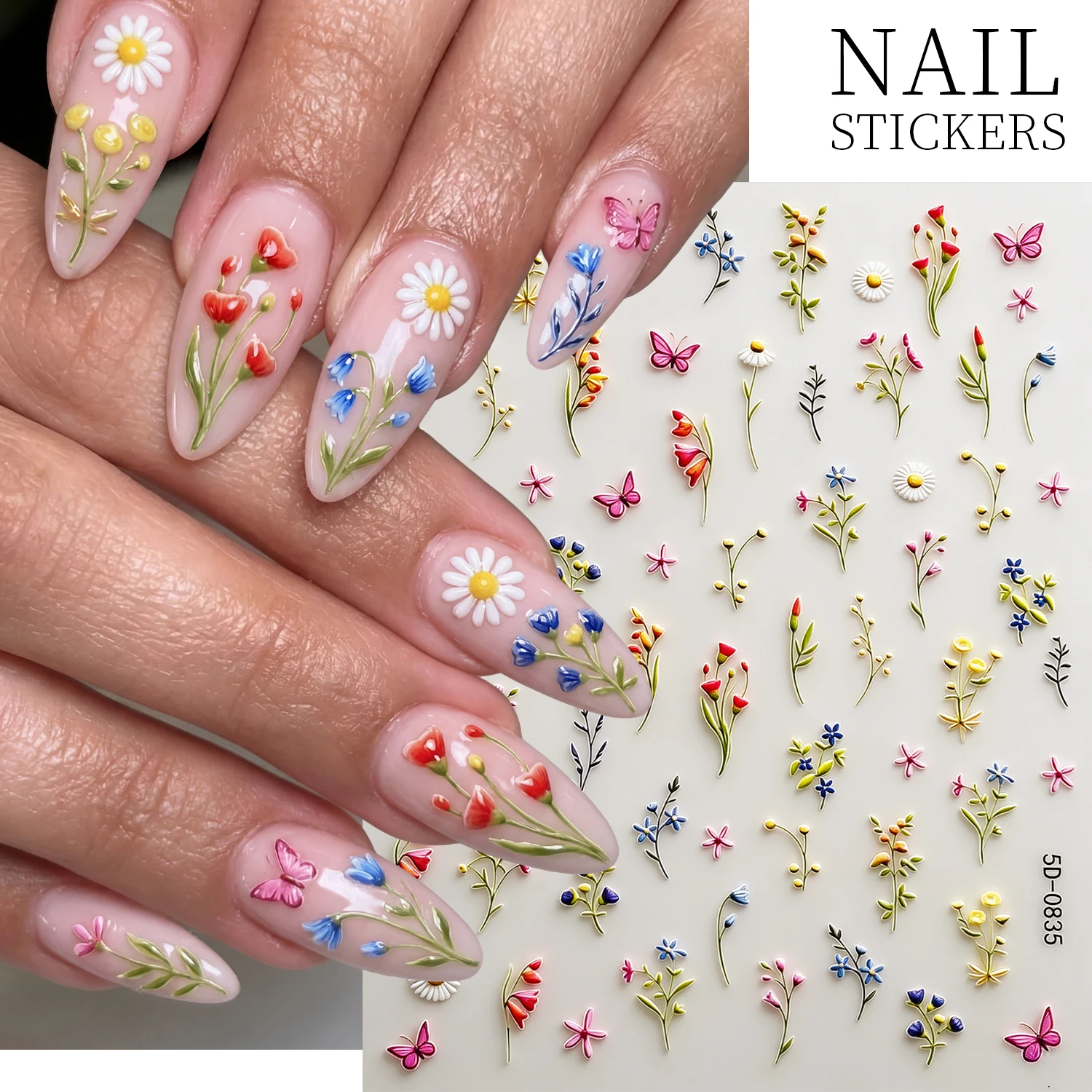 1Pcs 5D Colorful Flower Butterfly Nail Stickers Daisy Tulip Bellflower Self Adhesive Nails Decals Delicate Floral Manicure Decor