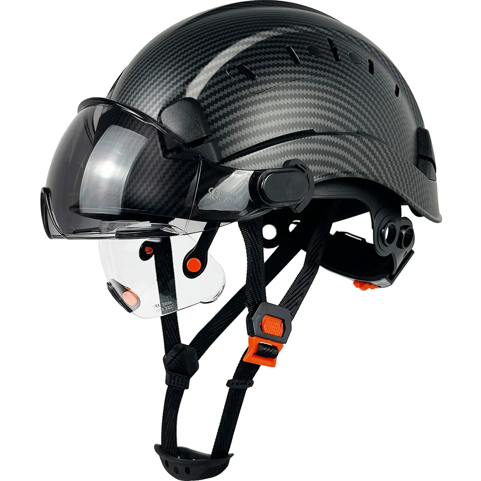 Carbon Fiber Pattern Capacete de segurança com viseira, viseira clara e matizada, Capacete de trabalho ABS ventilado ajustável, suspensão de 6 pontos, ANSI