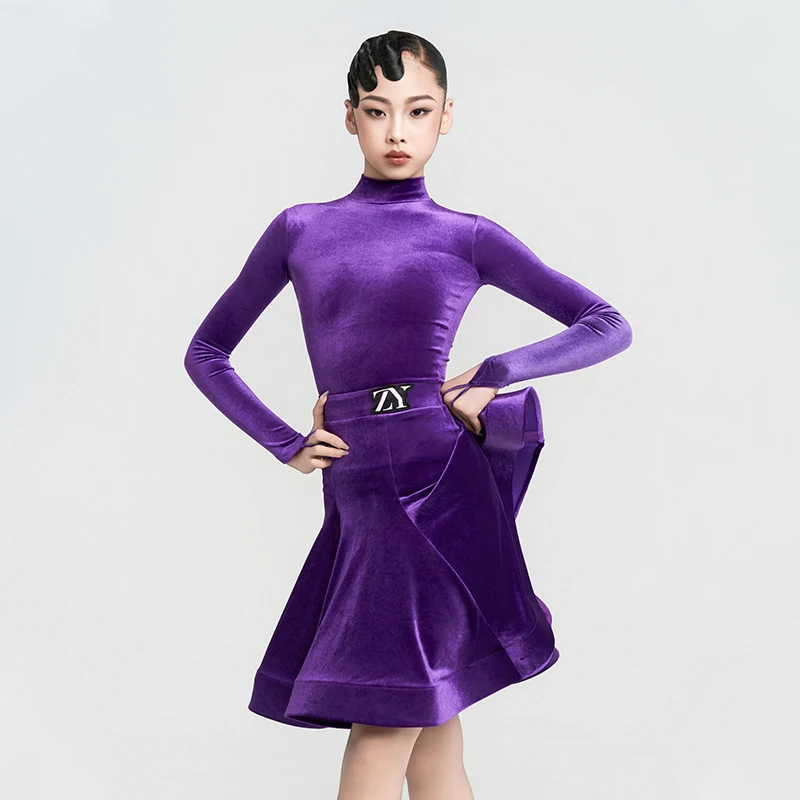 2025年新作 ガールズ競技用スプリットスーツ ラテンダンス衣装 ハイネックトップ フィッシュボーンスカート チャチャ サンバ 練習着 DQL12172