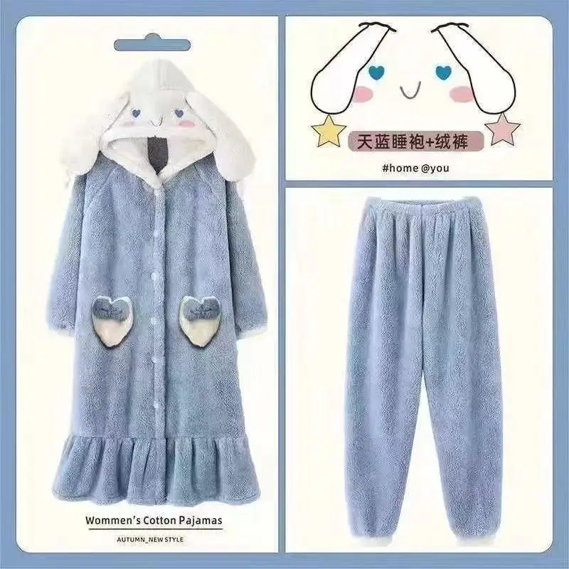 Sanrio ชุดหนา Hooded Robe กางเกงชุด Kawaii Cinnamoroll การ์ตูนแฟชั่นนักเรียน Go Out อุ่นชุดนอนสวมใส่