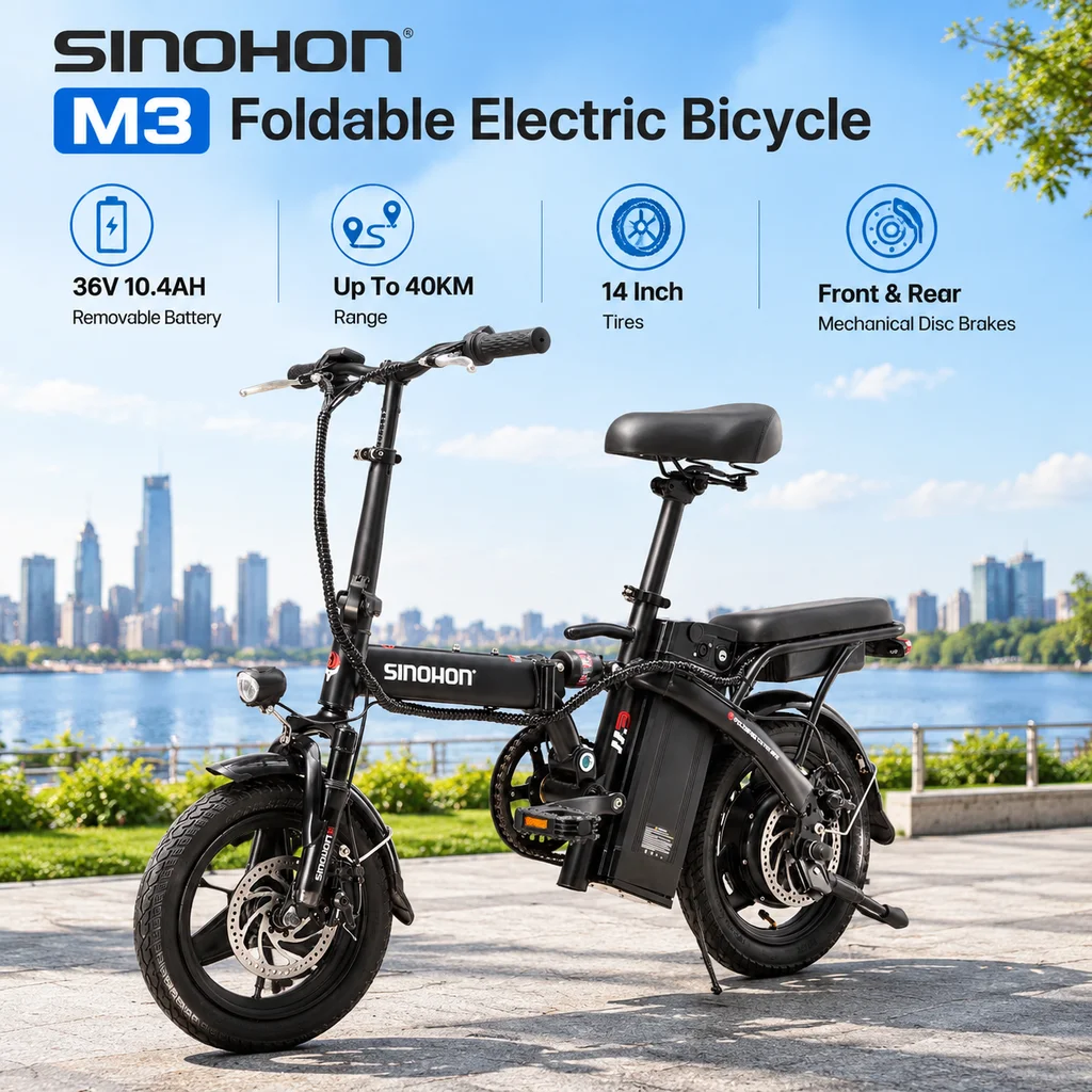 Bicicletta elettrica pieghevole SINOHON M3, batteria rimovibile da 36V 10,4AH, autonomia fino a 40 km, pneumatici da 14 pollici, freni a disco meccanici anteriori e posteriori, e-bike portatile ideale