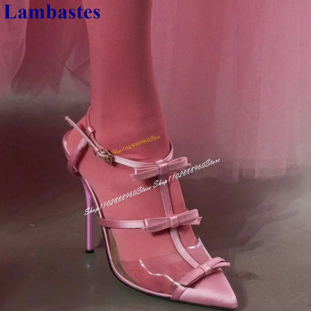 Pink T Strap PVC Bowknot Decor Runway Sandals Thin High Heel Women Shoes Ankle Buckle Strap Open Toe 2024 Zapatos Para Mujere