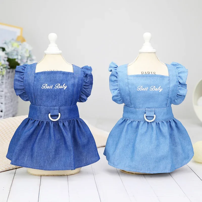 Vestido para perros de primavera y verano, ropa para perros pequeños y gatitos, vestidos con tirantes vaqueros bordados con letras para cachorros,