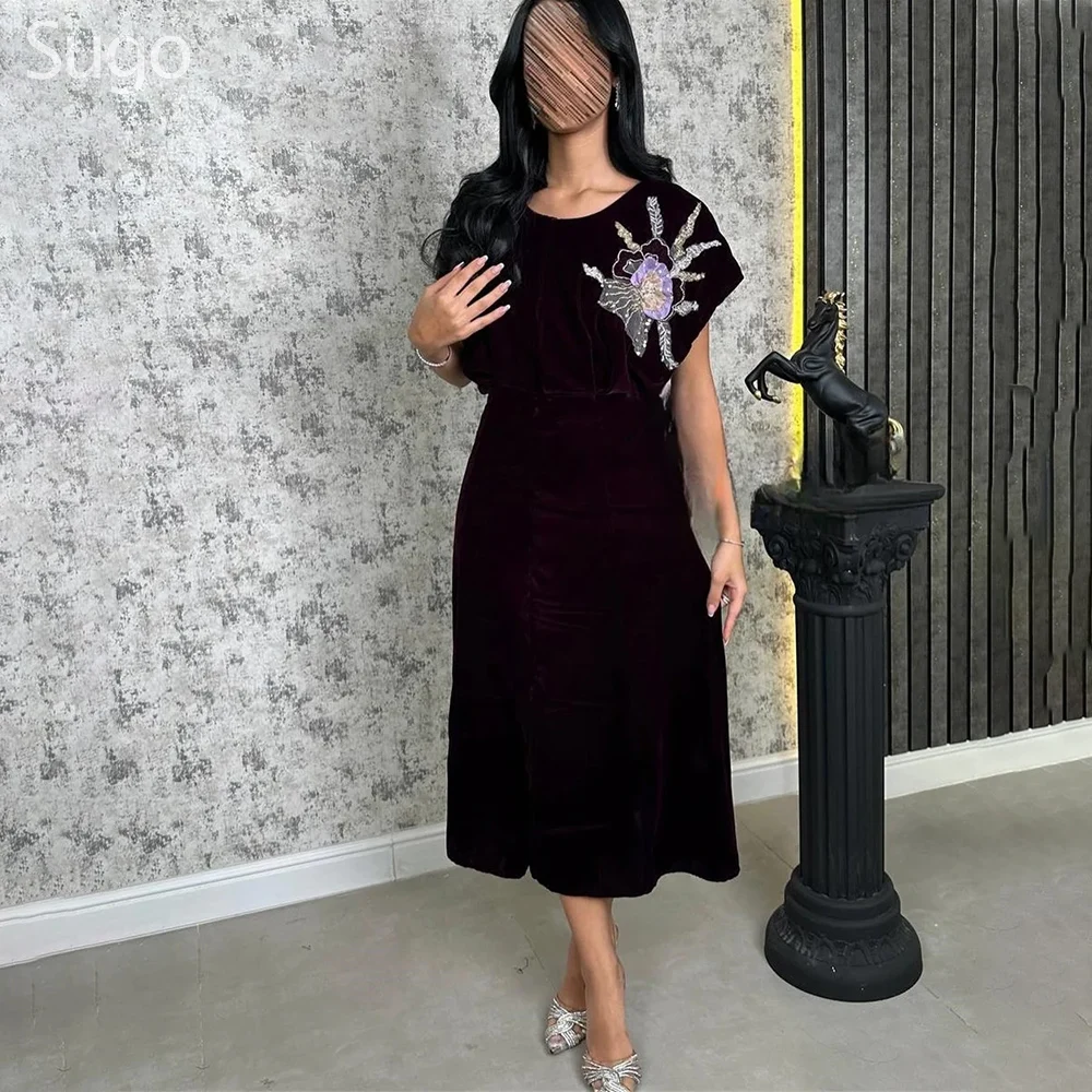 

Customized Elegant Long Purple Evening Dresses for Special Occasions Velour O-Neck Tea-Length A-Line Women Gala Party Dress 2025