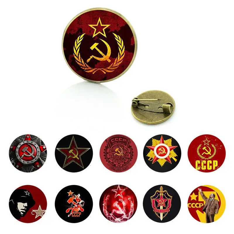 CCCP USSR Soviet Army Red Star Brooch Glass Cabochon Art Round Metal Pins Button Russian Badges Decorative Jewelry CC85