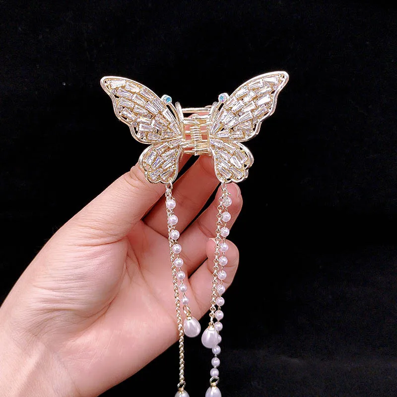 

Модный и элегантный хрустальный бабочка с жемчугом и кисточкой, летняя женская заколка для волос, головной убор