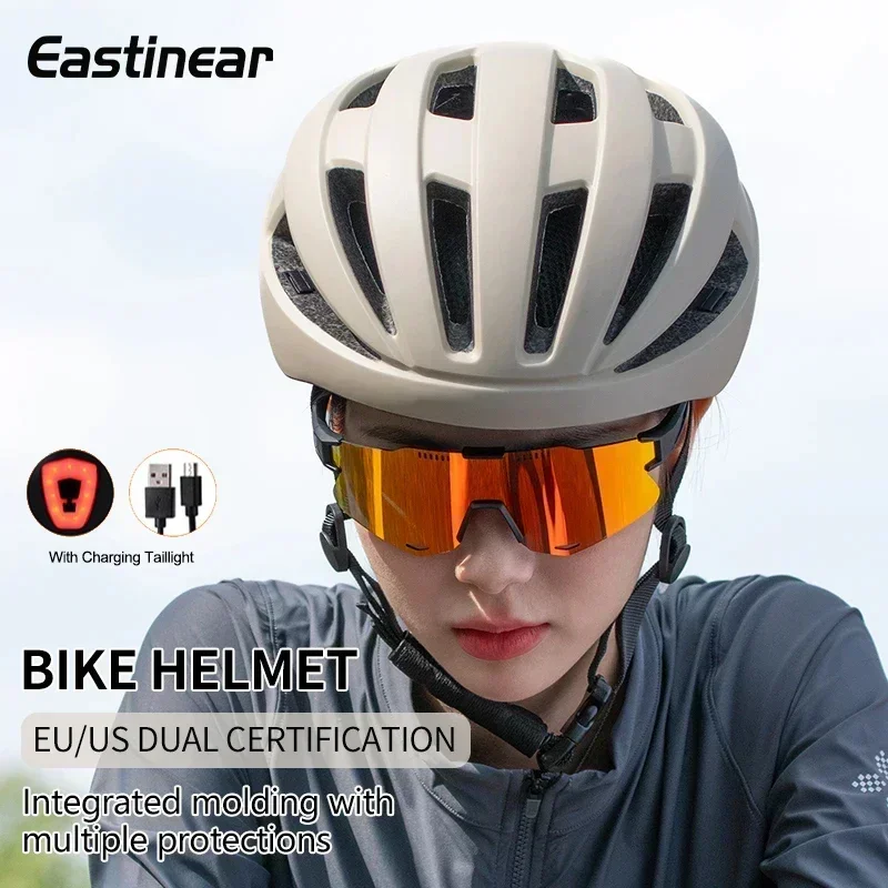 One-Piece Integrated Bike Helmet with LED Tail Light Men Women Breathable Lightweight Road Cycling Safety Helmet Adult Riding