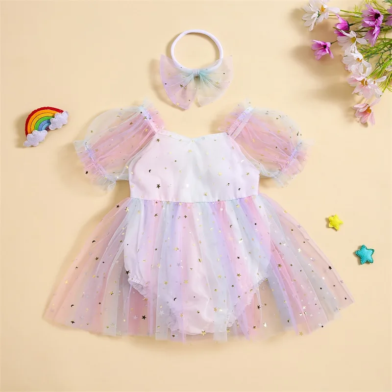 

0-24M Baby Girl 2Pcs Autumn Outfits Short Puff Sleeves Contrast Color Jumpsuit Sheer Sequin Crotch Skirt with Headband Suit