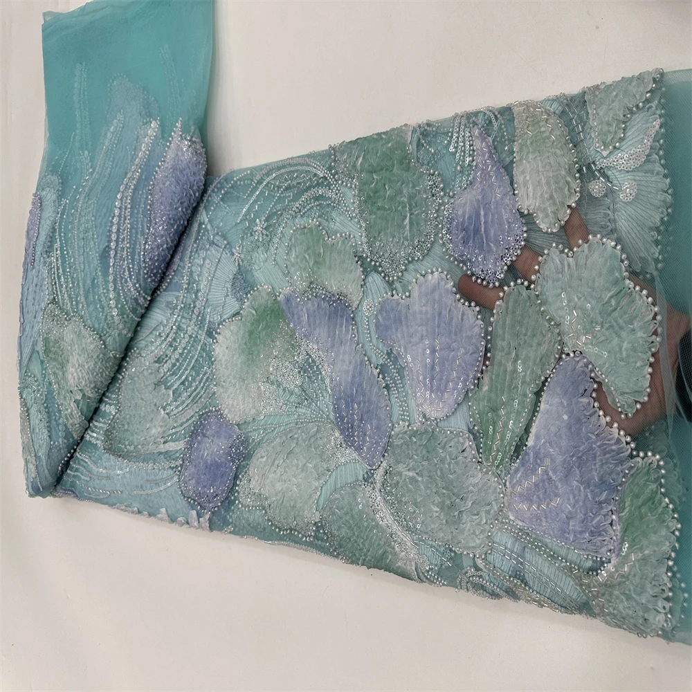 African Lace Fabric Bead Lace Chiffon Mesh High-Quality Yellow Nigerian Sequined Fabric Wedding Evening Dress Sewn 2025